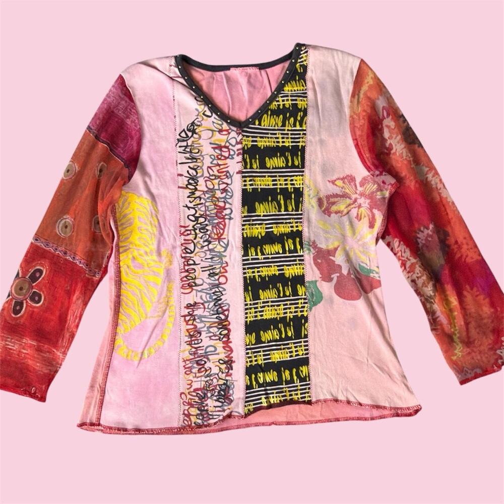 Euro Y2K patchwork top with floral & text print and mesh sleeves